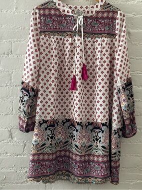 Tassels N Lace Multicolor Printed Tassel Tunic Dress Boho Coquette Festival M